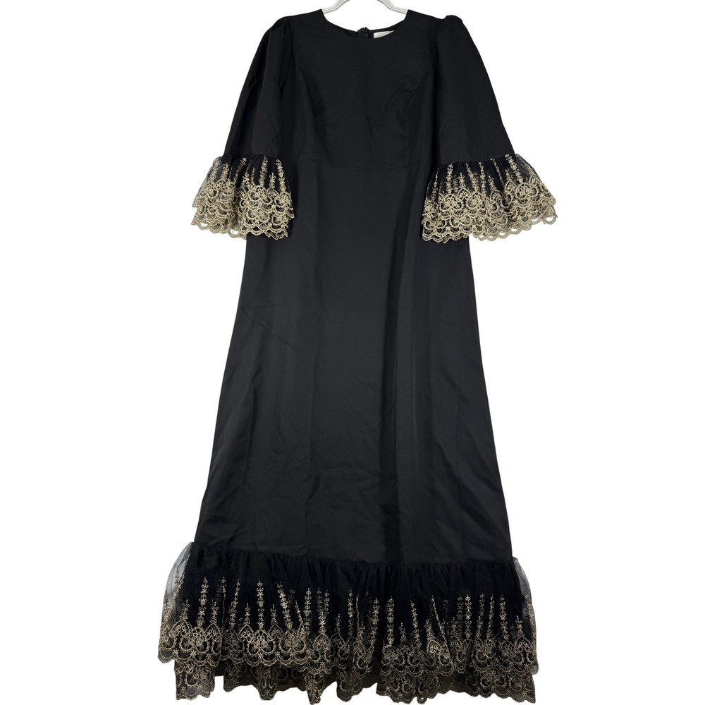 Pomander Place Black Gold Embroidered Lace Bell Sleeve Maxi Dress Womens L NWT